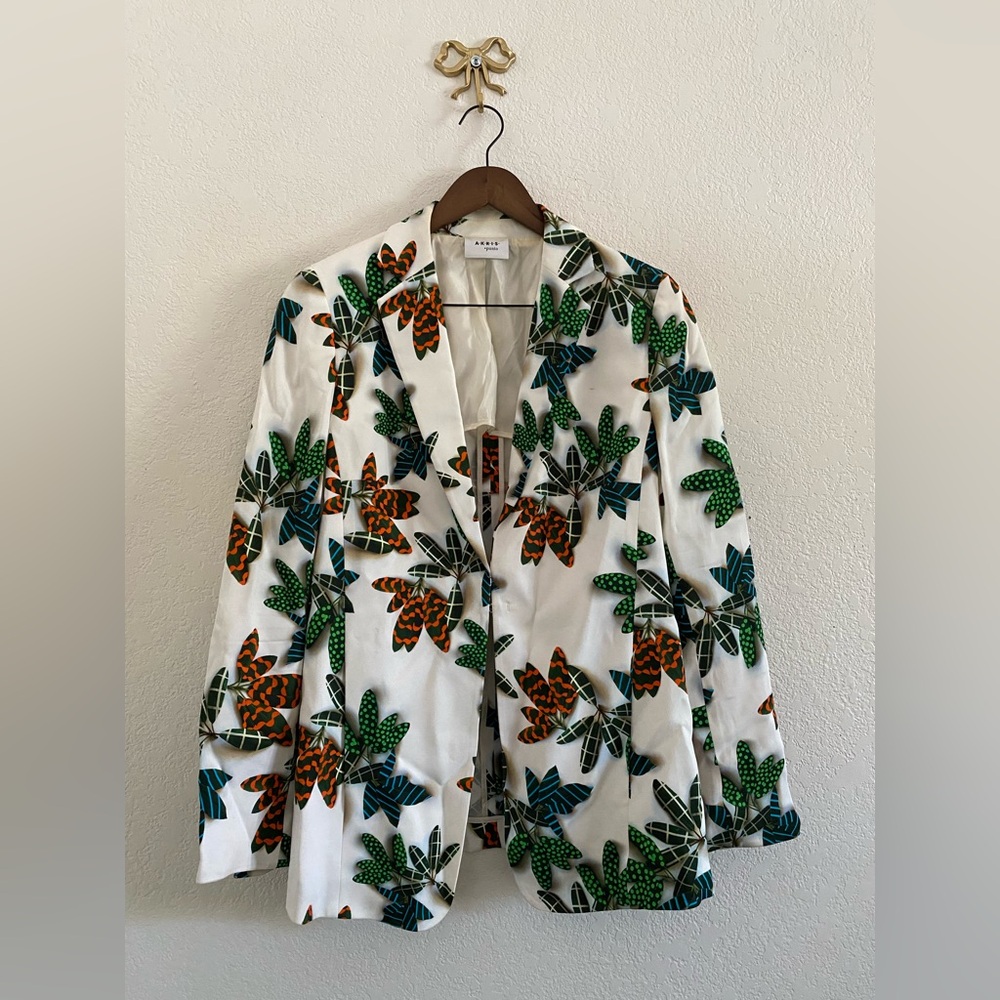 Akris Punto Tropical Leaf Print Blazer Jacket Women’s Size 10 Notch Lapel